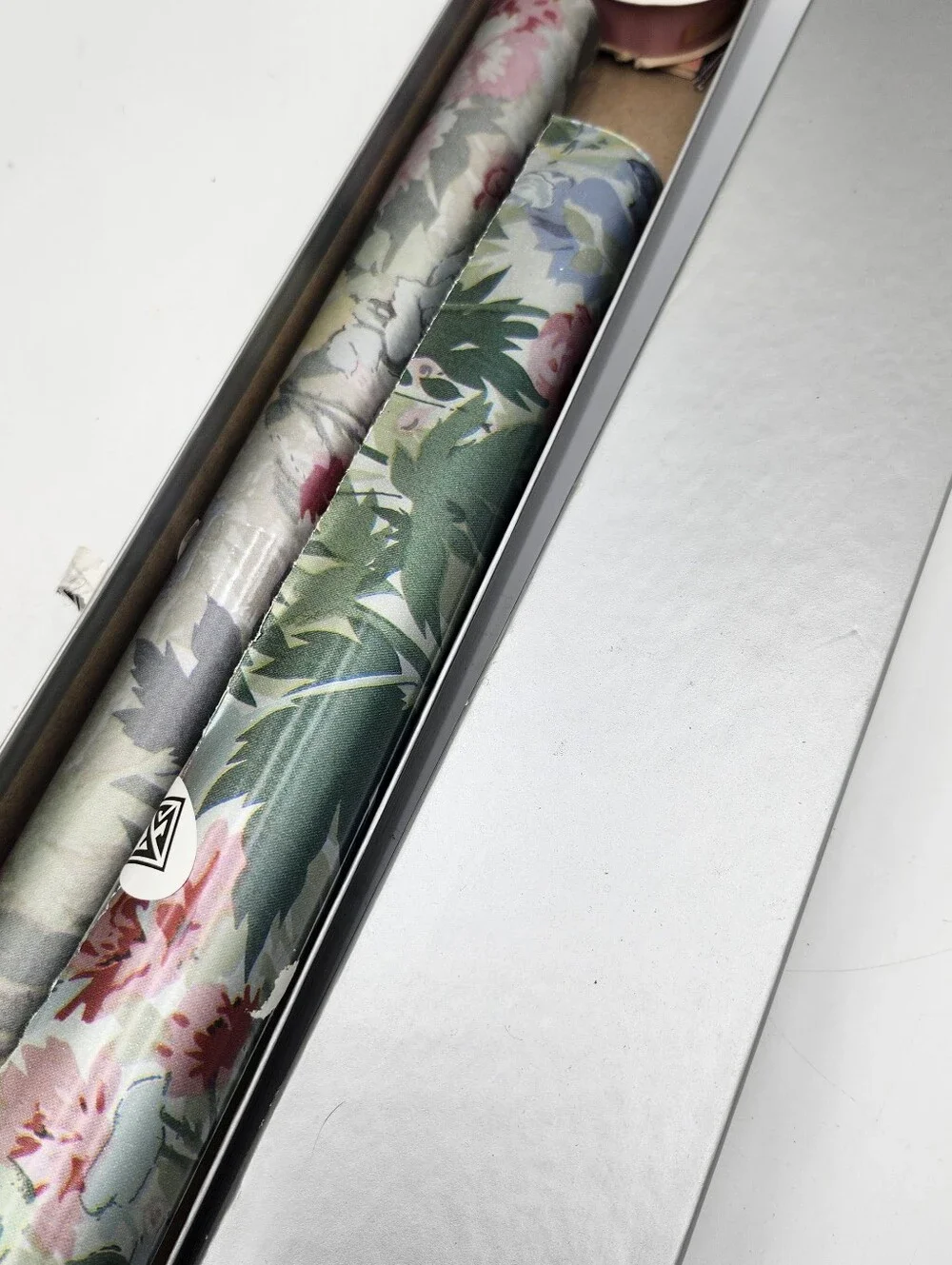 Vintage New Sally FOSTER Silver Floral Roses Wrapping Paper Rolls Card Ribbon